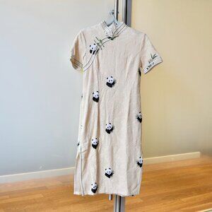 Beige Lace Panda Embroidered Qipao Dress - Chinese Traditional Cheongsam